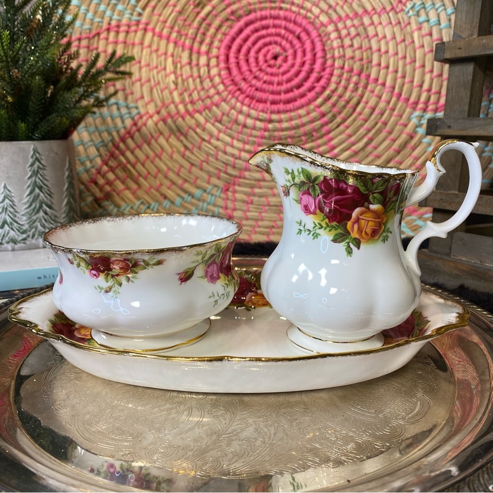 Royal Albert Old Country Roses Set of Large Creamer Open Sugar Bowl Tray Large